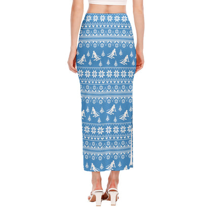 Winter Ski Knitting Pattern Print Side Slit Maxi Skirt