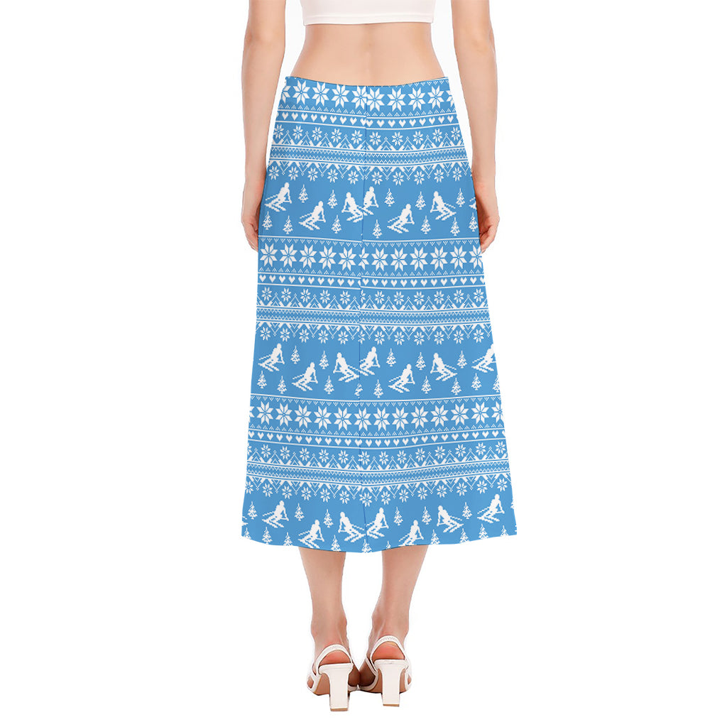 Winter Ski Knitting Pattern Print Side Slit Midi Skirt