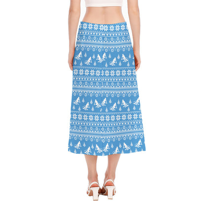 Winter Ski Knitting Pattern Print Side Slit Midi Skirt