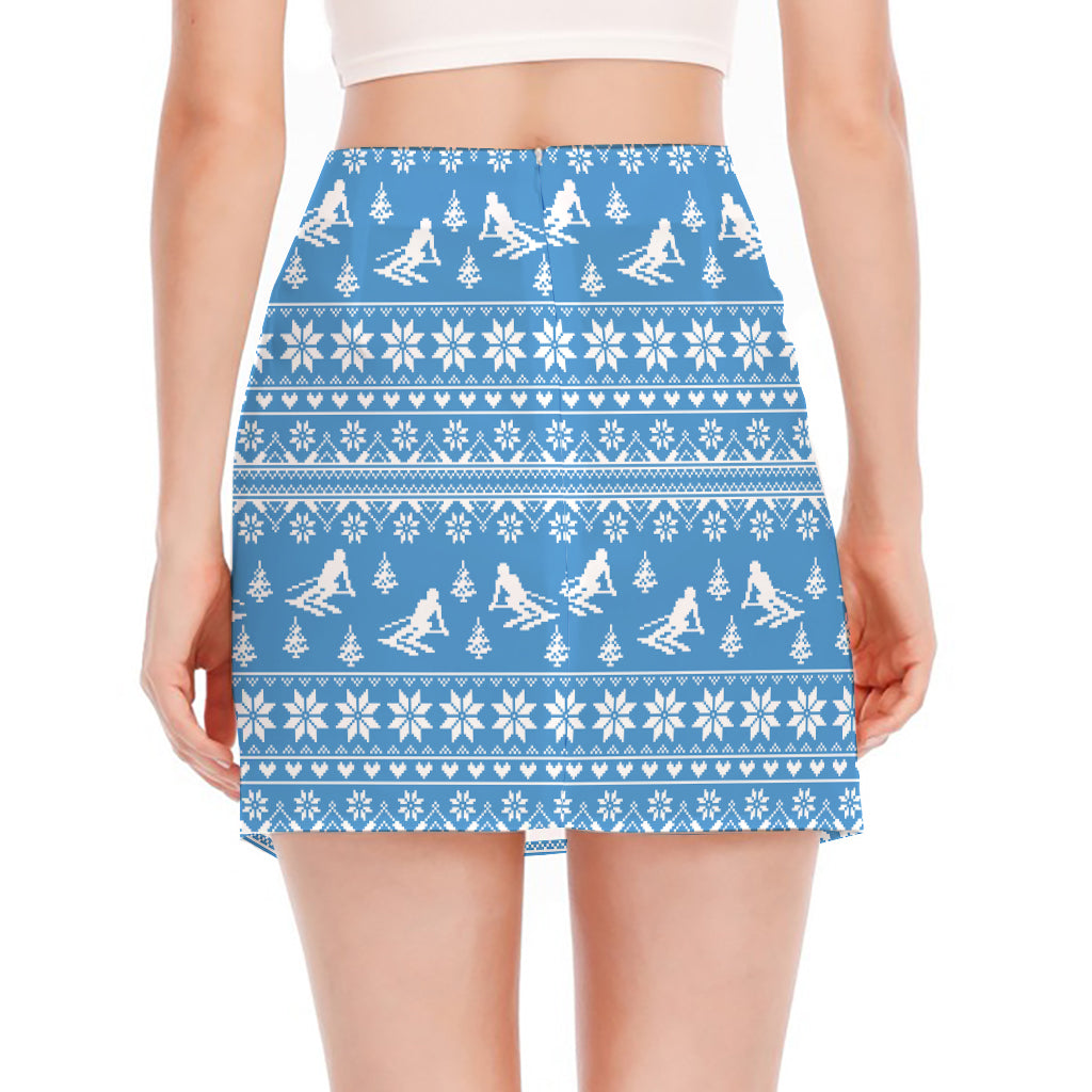 Winter Ski Knitting Pattern Print Side Slit Mini Skirt