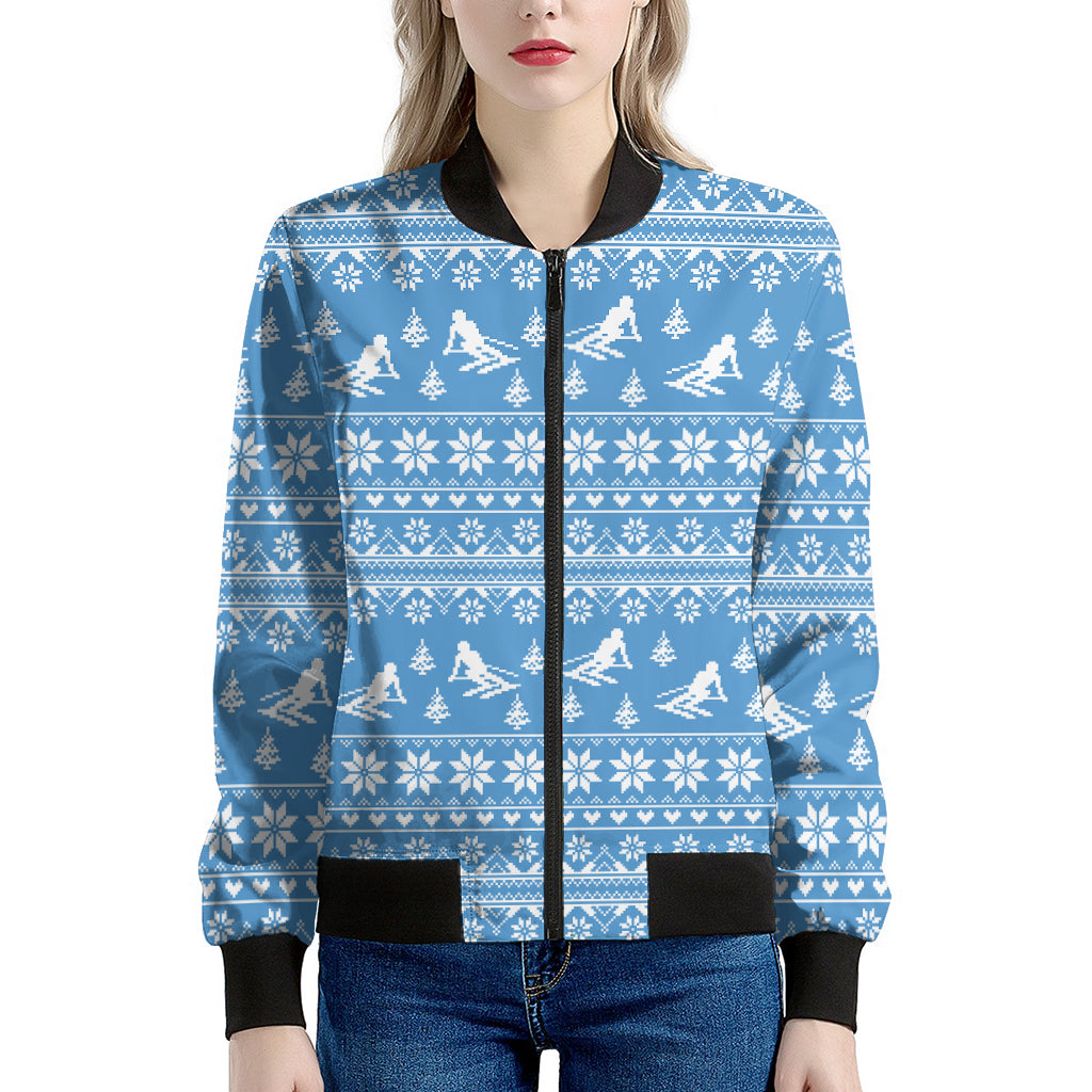 Winter Ski Knitting Pattern Print Women's Bomber Jacket