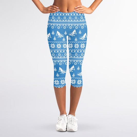 Winter Ski Knitting Pattern Print Women's Capri Leggings