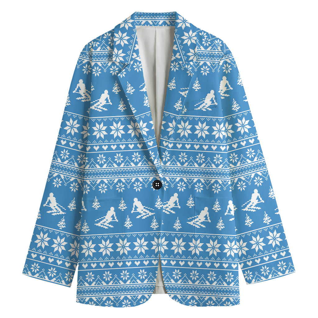 Winter Ski Knitting Pattern Print Women's Cotton Blazer