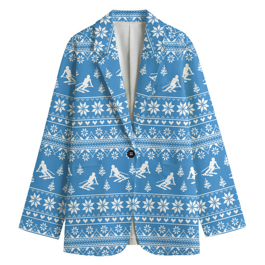 Winter Ski Knitting Pattern Print Women's Cotton Blazer