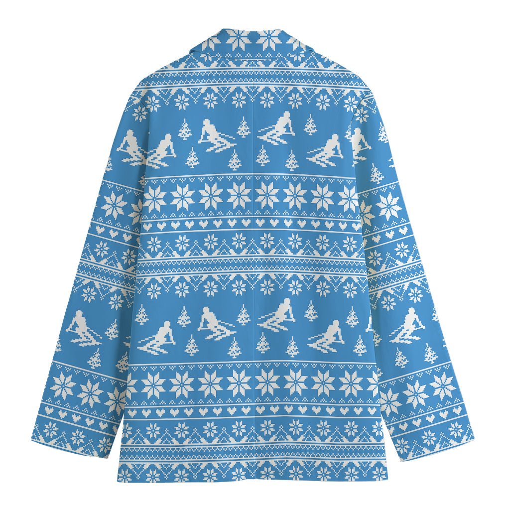 Winter Ski Knitting Pattern Print Women's Cotton Blazer