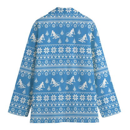 Winter Ski Knitting Pattern Print Women's Cotton Blazer