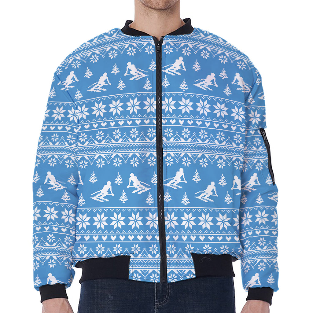Winter Ski Knitting Pattern Print Zip Sleeve Bomber Jacket