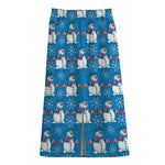 Winter Snowman Pattern Print Cotton Front Slit Maxi Skirt