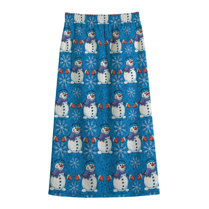 Winter Snowman Pattern Print Cotton Front Slit Maxi Skirt