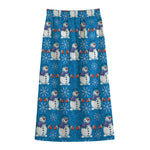 Winter Snowman Pattern Print Cotton Front Slit Maxi Skirt