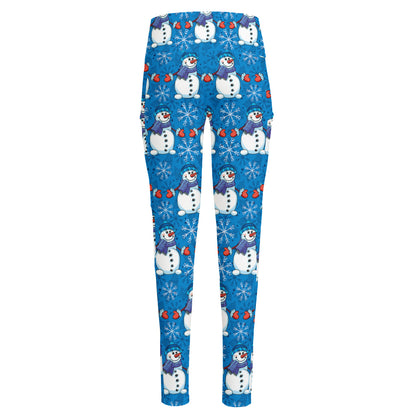 Winter Snowman Pattern Print High-Waisted Pocket Leggings