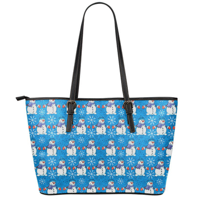 Winter Snowman Pattern Print Leather Tote Bag