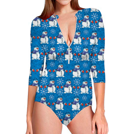 Winter Snowman Pattern Print Long Sleeve Swimsuit