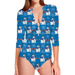 Winter Snowman Pattern Print Long Sleeve Swimsuit