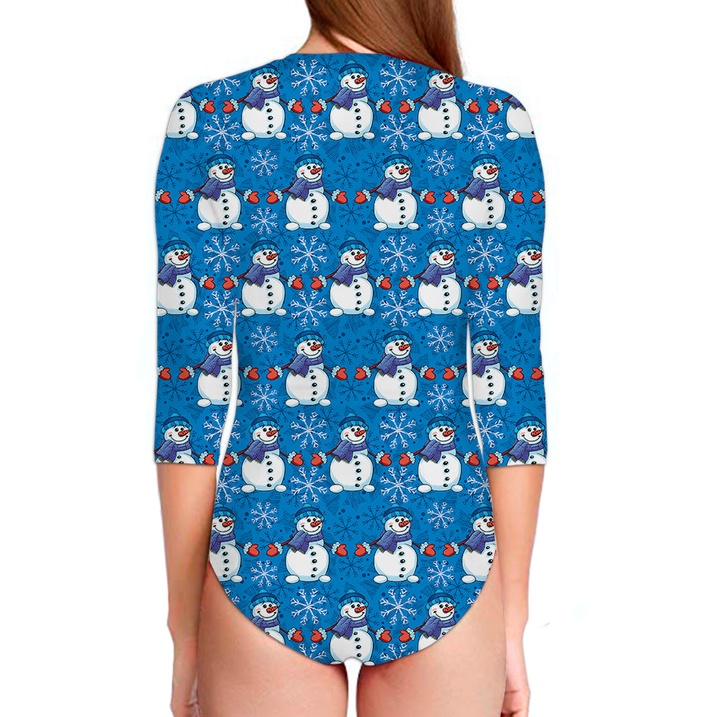 Winter Snowman Pattern Print Long Sleeve Swimsuit