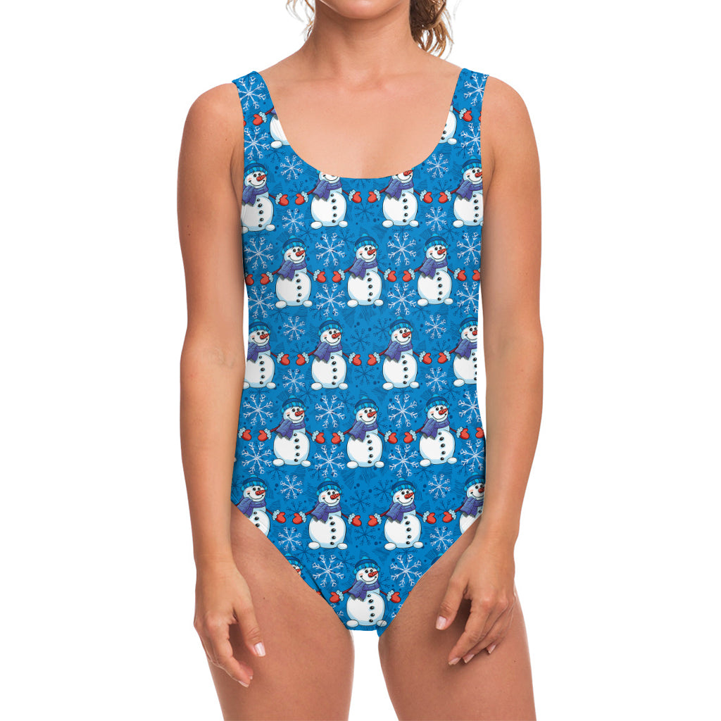 Winter Snowman Pattern Print One Piece Swimsuit