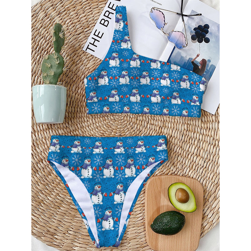 Winter Snowman Pattern Print One Shoulder Bikini Top