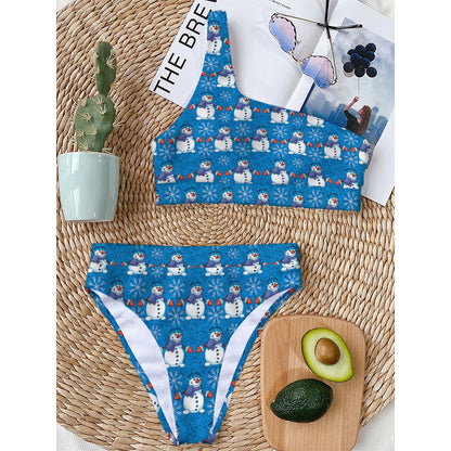 Winter Snowman Pattern Print One Shoulder Bikini Top