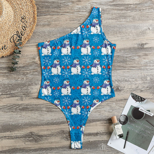 Winter Snowman Pattern Print One Shoulder Bodysuit