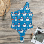 Winter Snowman Pattern Print One Shoulder Bodysuit