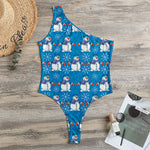 Winter Snowman Pattern Print One Shoulder Bodysuit