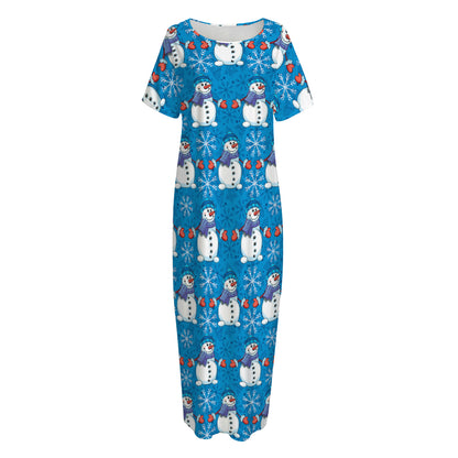 Winter Snowman Pattern Print Short Sleeve Long Nightdress