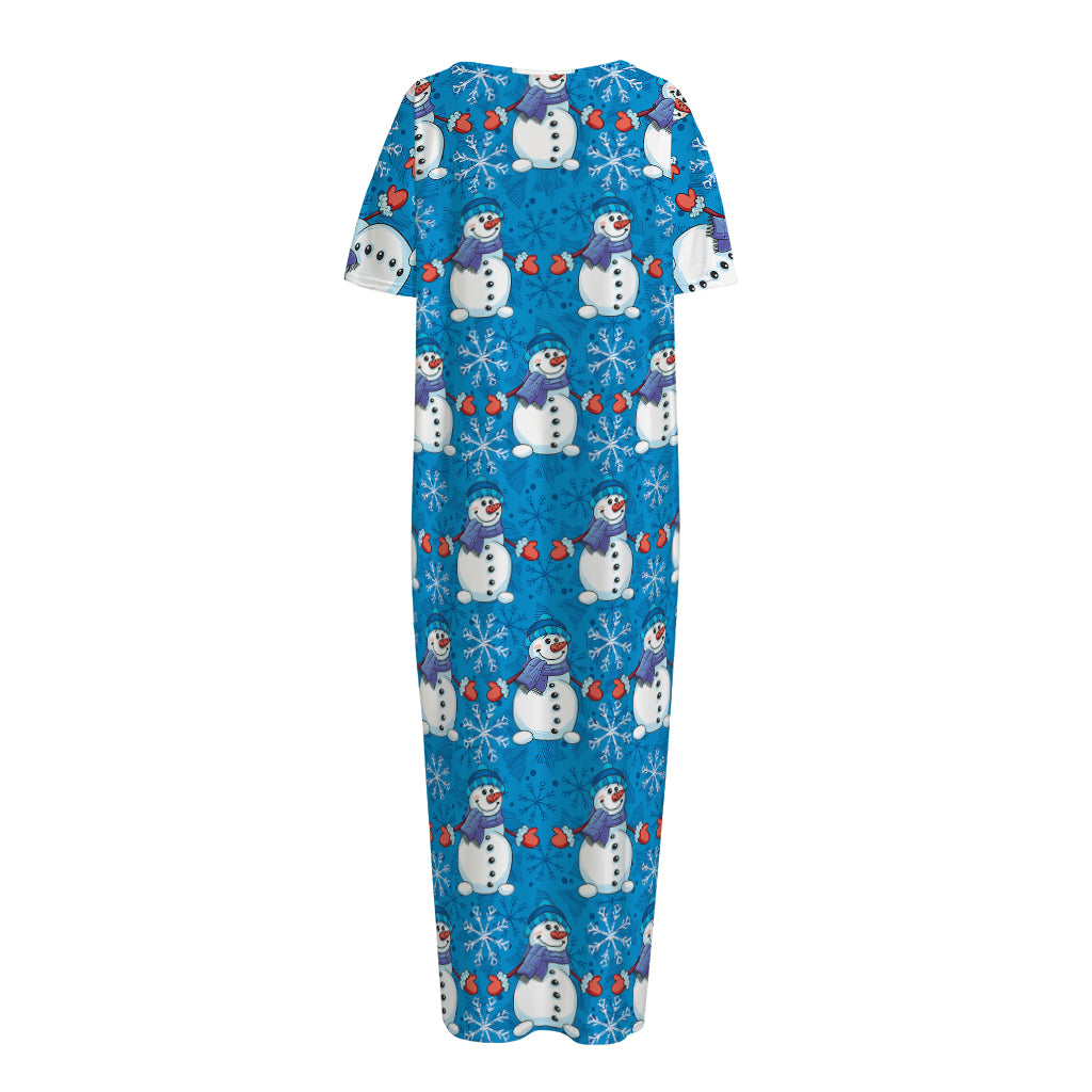 Winter Snowman Pattern Print Short Sleeve Long Nightdress