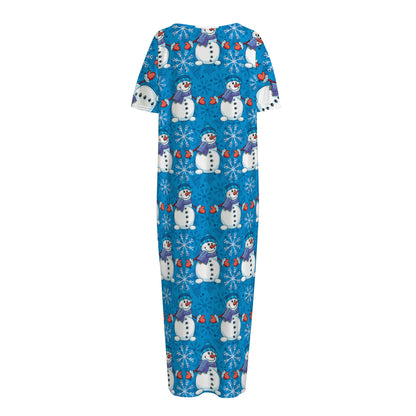 Winter Snowman Pattern Print Short Sleeve Long Nightdress