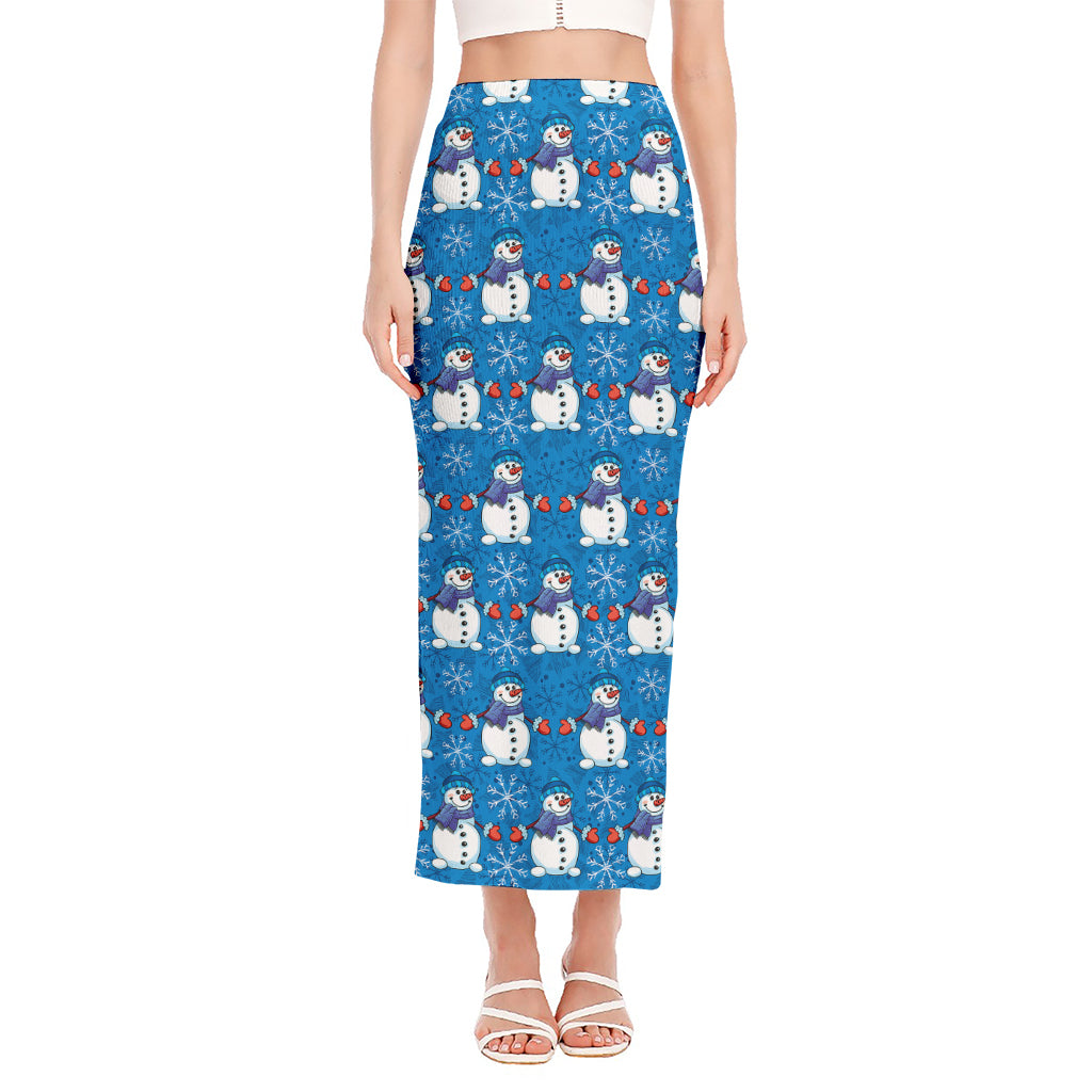 Winter Snowman Pattern Print Side Slit Maxi Skirt