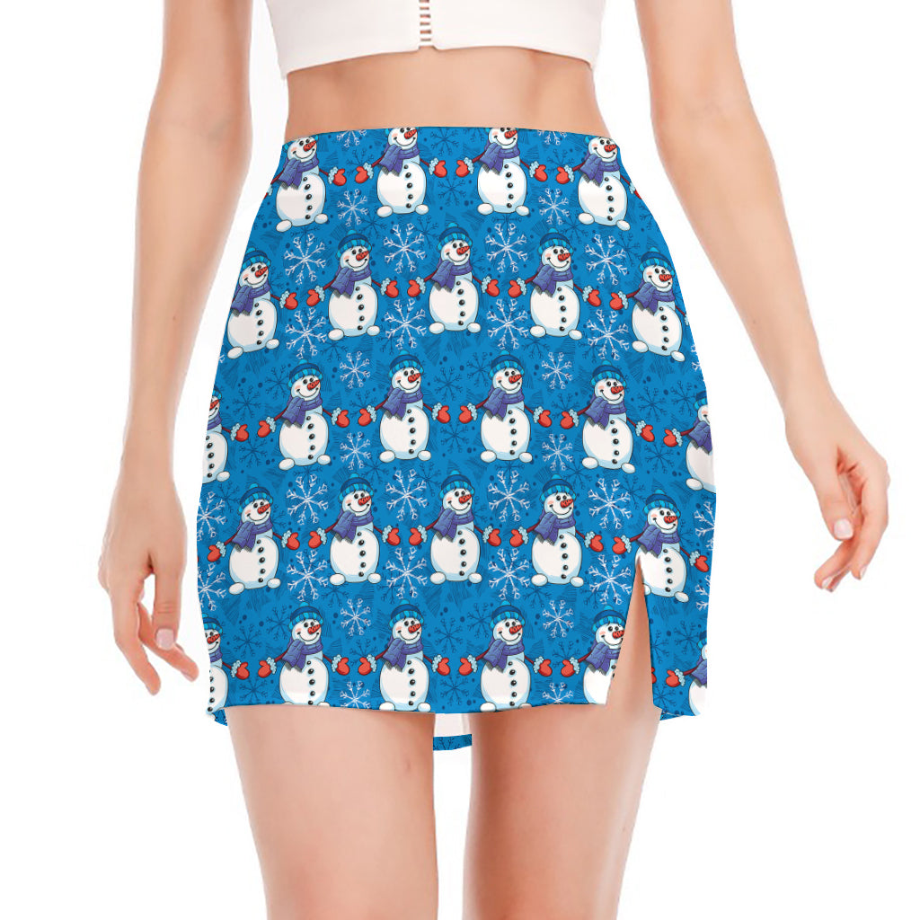 Winter Snowman Pattern Print Side Slit Mini Skirt