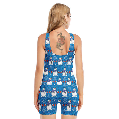 Winter Snowman Pattern Print Sleeveless One Piece Swimsuit
