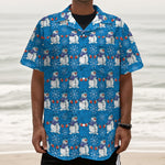 Winter Snowman Pattern Print Textured Short Sleeve Shirt