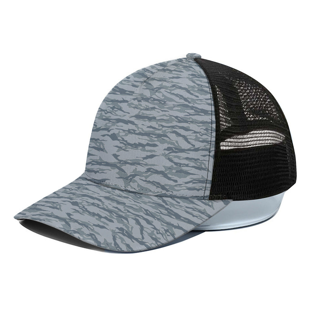 Winter Tiger Stripe Camo Pattern Print Black Mesh Trucker Cap