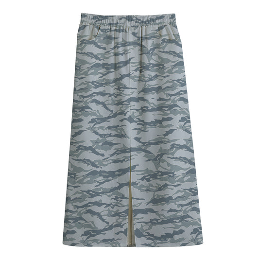 Winter Tiger Stripe Camo Pattern Print Cotton Front Slit Maxi Skirt