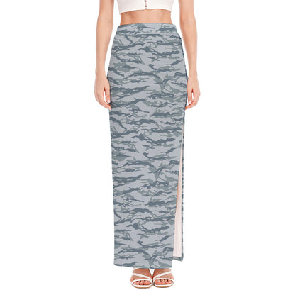 Winter Tiger Stripe Camo Pattern Print High Slit Maxi Skirt