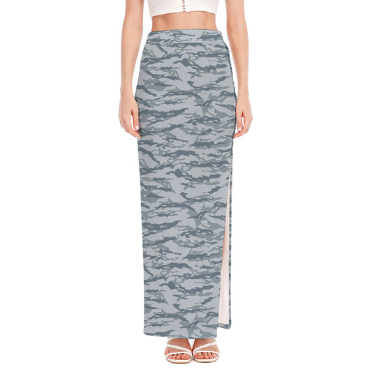 Winter Tiger Stripe Camo Pattern Print High Slit Maxi Skirt