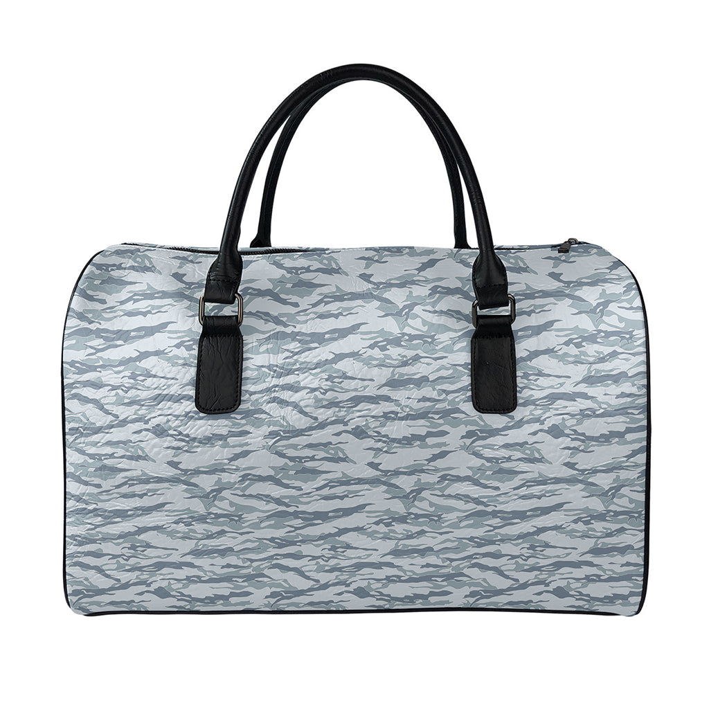 Winter Tiger Stripe Camo Pattern Print Leather Duffle Bag