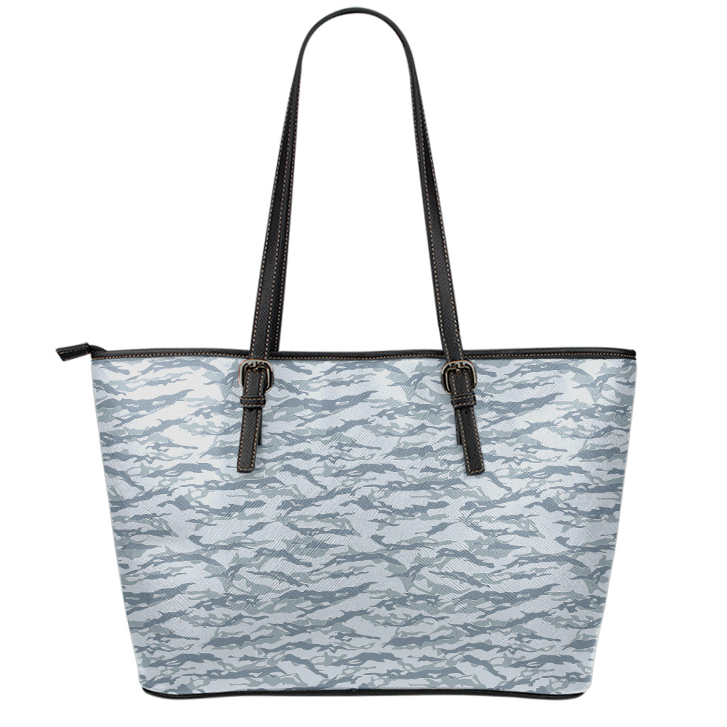 Winter Tiger Stripe Camo Pattern Print Leather Tote Bag