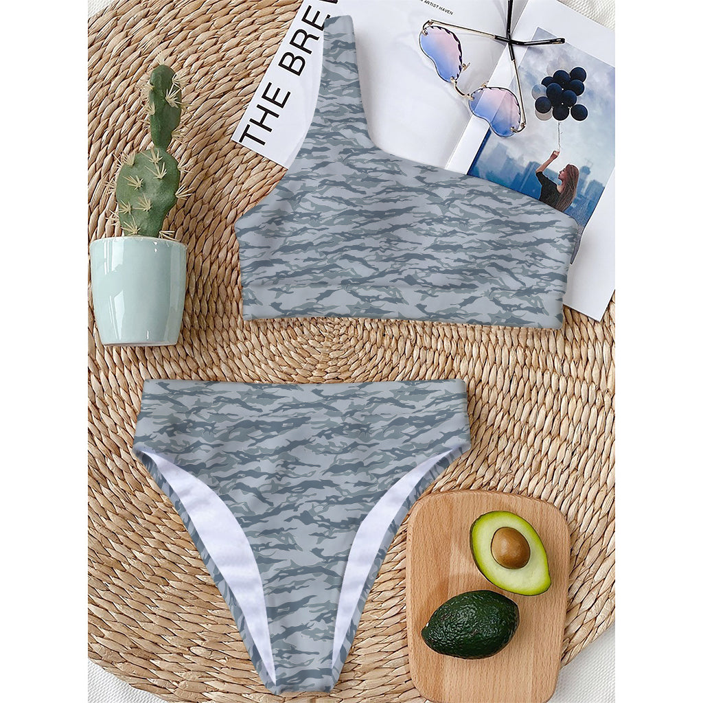 Winter Tiger Stripe Camo Pattern Print One Shoulder Bikini Top