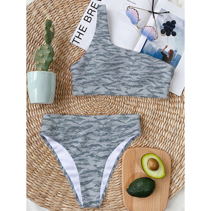 Winter Tiger Stripe Camo Pattern Print One Shoulder Bikini Top