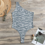 Winter Tiger Stripe Camo Pattern Print One Shoulder Bodysuit
