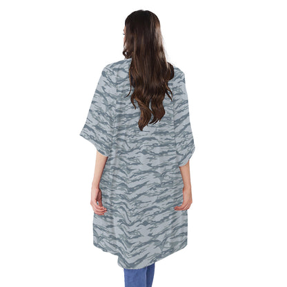 Winter Tiger Stripe Camo Pattern Print Open Front Beach Cover Up