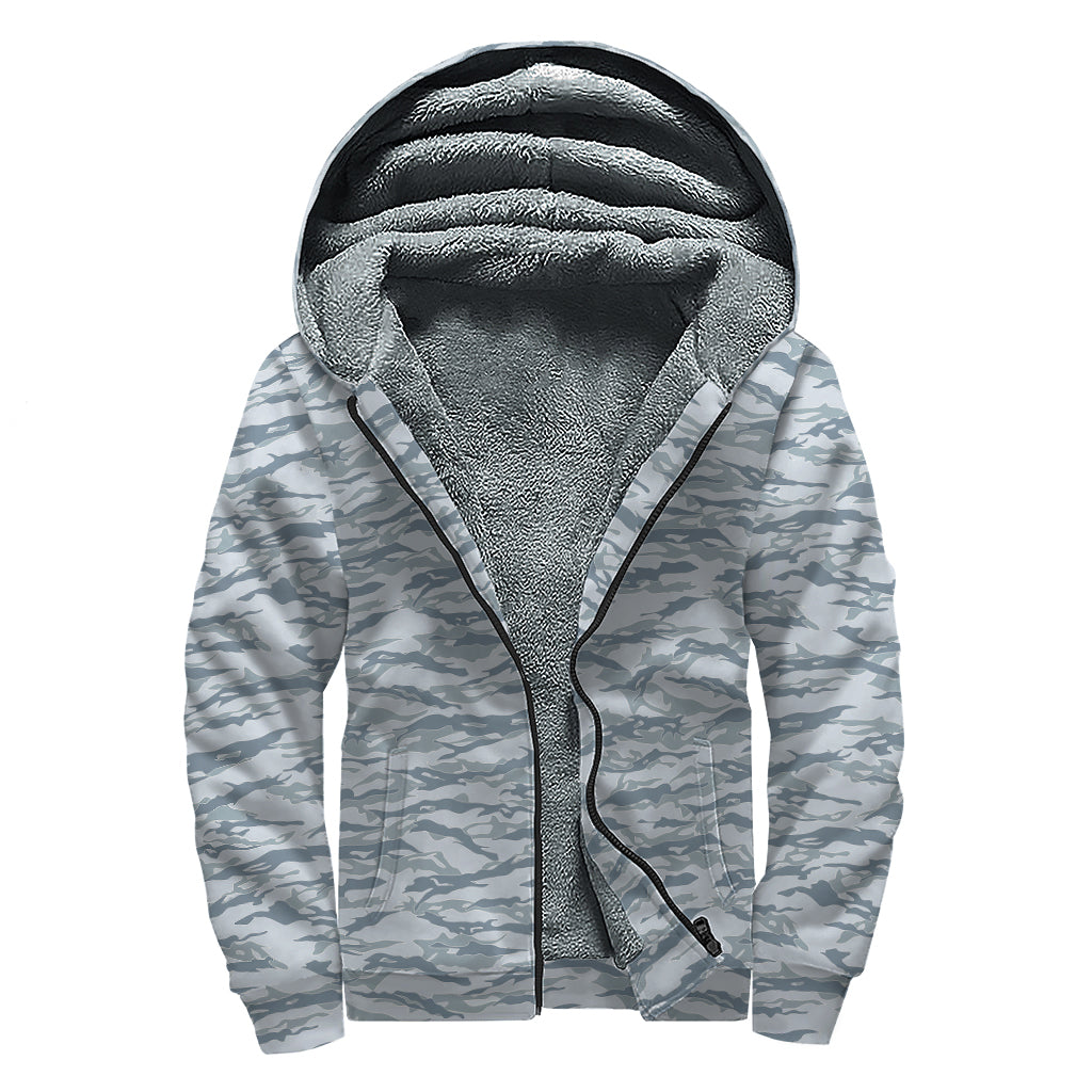 Winter Tiger Stripe Camo Pattern Print Sherpa Lined Zip Up Hoodie