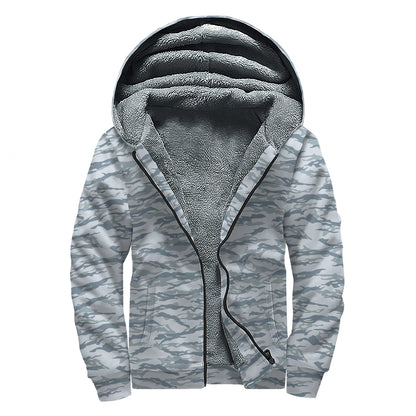 Winter Tiger Stripe Camo Pattern Print Sherpa Lined Zip Up Hoodie