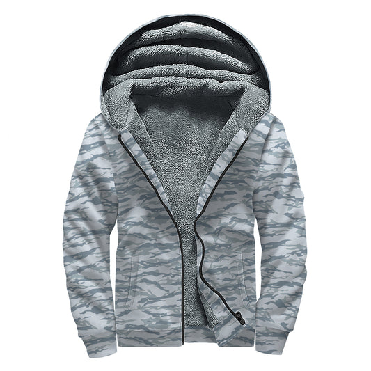 Winter Tiger Stripe Camo Pattern Print Sherpa Lined Zip Up Hoodie