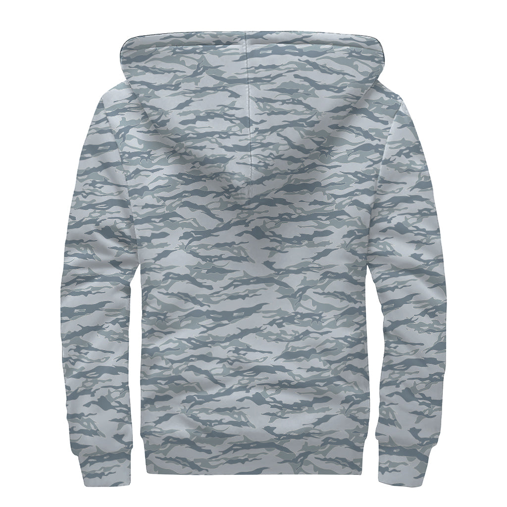Winter Tiger Stripe Camo Pattern Print Sherpa Lined Zip Up Hoodie