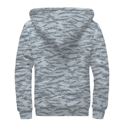 Winter Tiger Stripe Camo Pattern Print Sherpa Lined Zip Up Hoodie