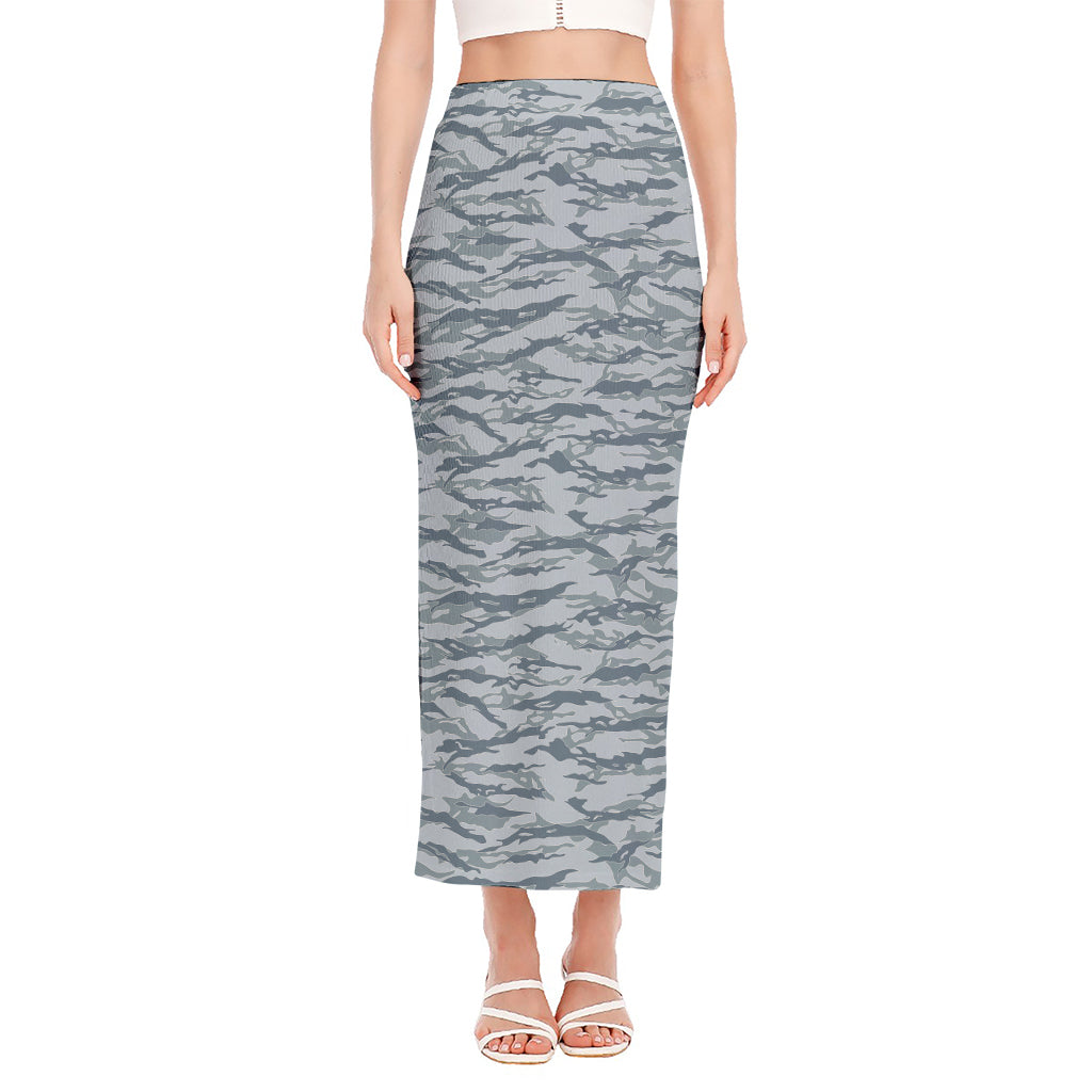Winter Tiger Stripe Camo Pattern Print Side Slit Maxi Skirt