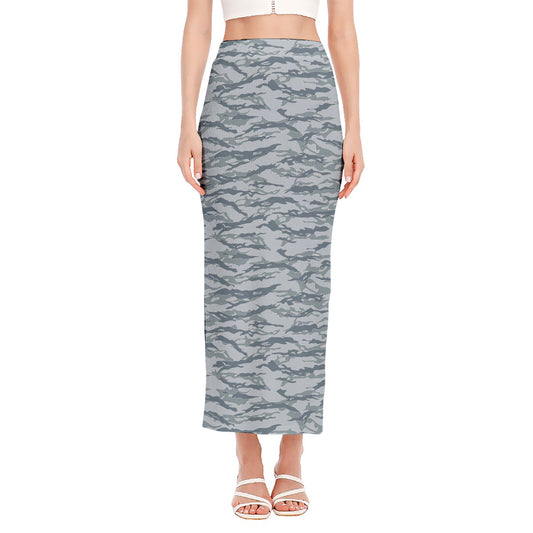 Winter Tiger Stripe Camo Pattern Print Side Slit Maxi Skirt