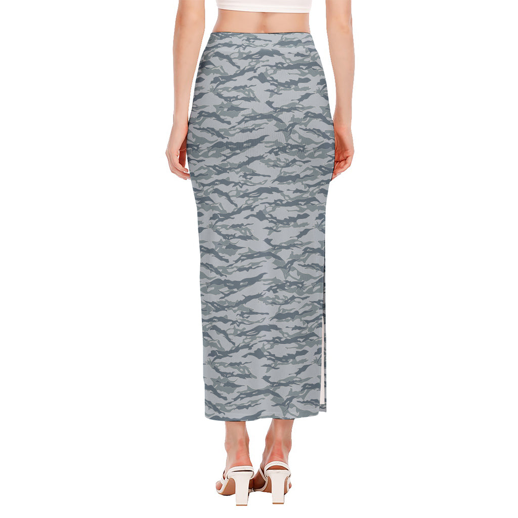 Winter Tiger Stripe Camo Pattern Print Side Slit Maxi Skirt